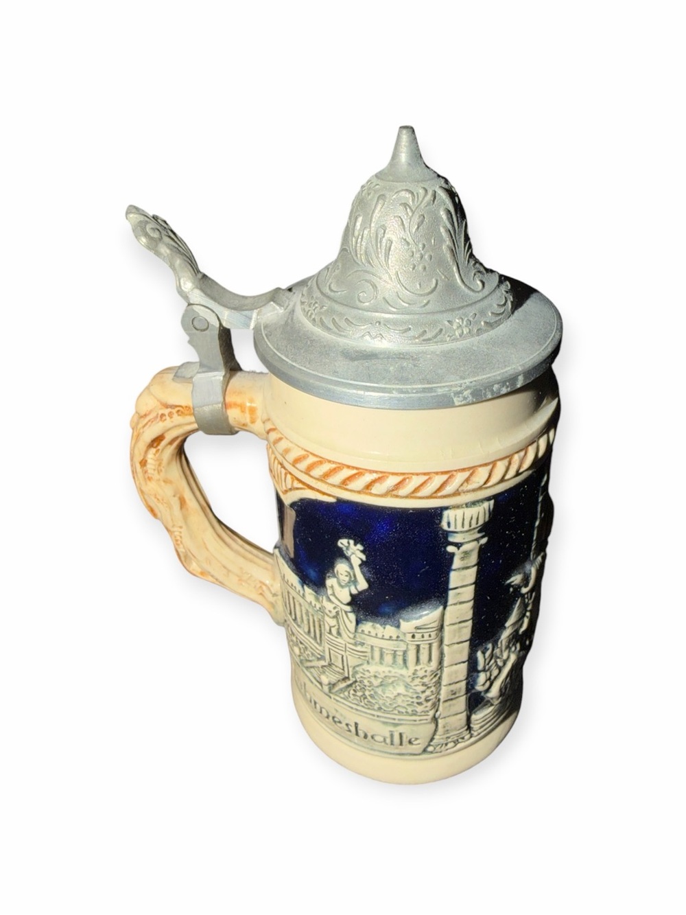 Vintage German Ceramic Beer Stein with Pewter Lid